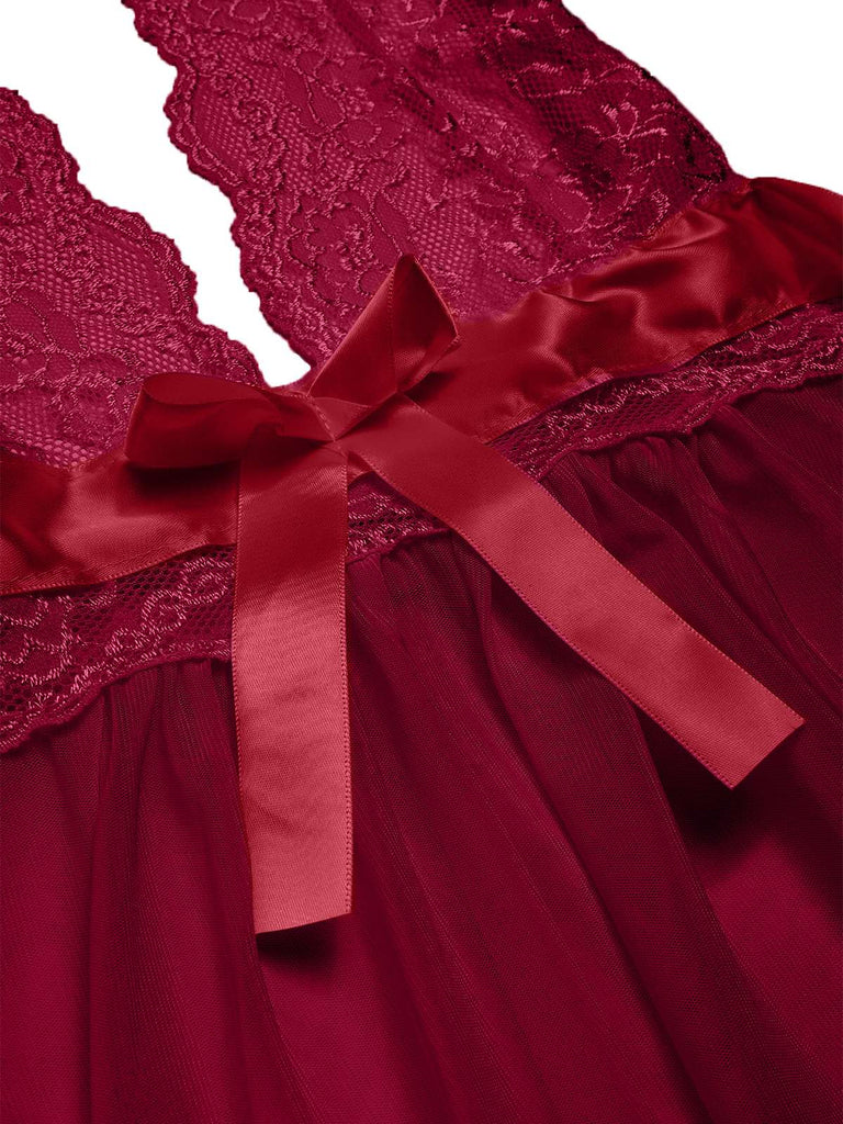 1950s V-Neck Halter Lace Sheer Nightgown