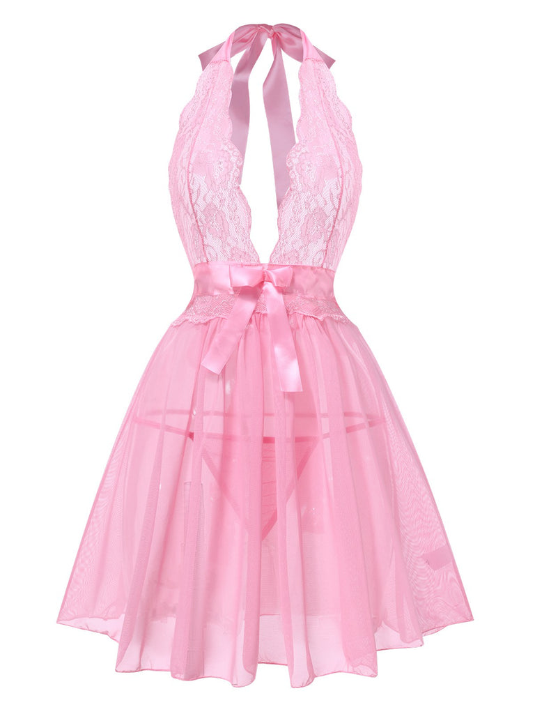 1950s V-Neck Halter Lace Sheer Nightgown