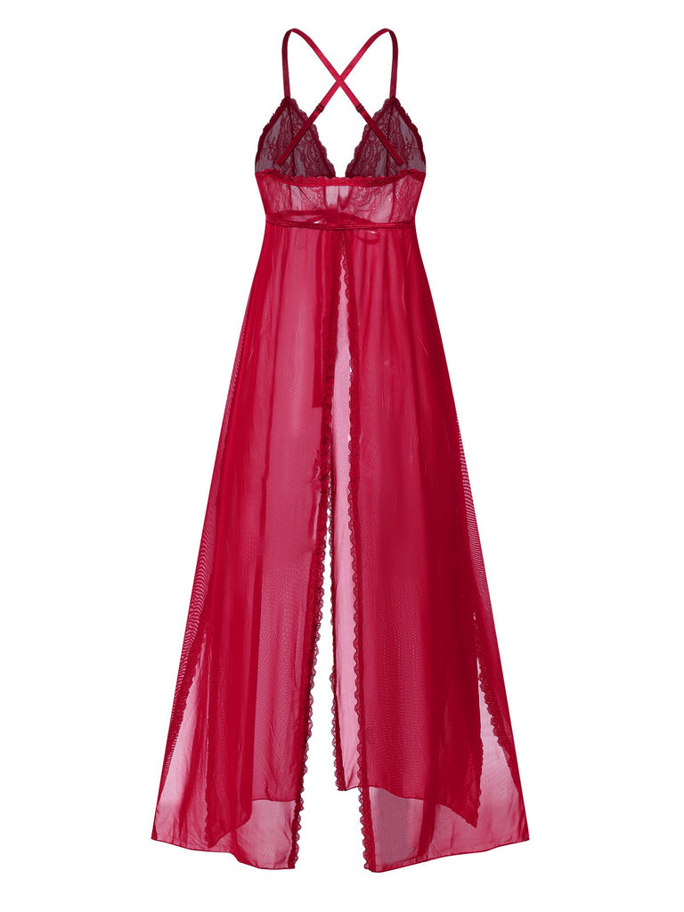 Red 1930s High Slit Lace Chiffon Nightgown