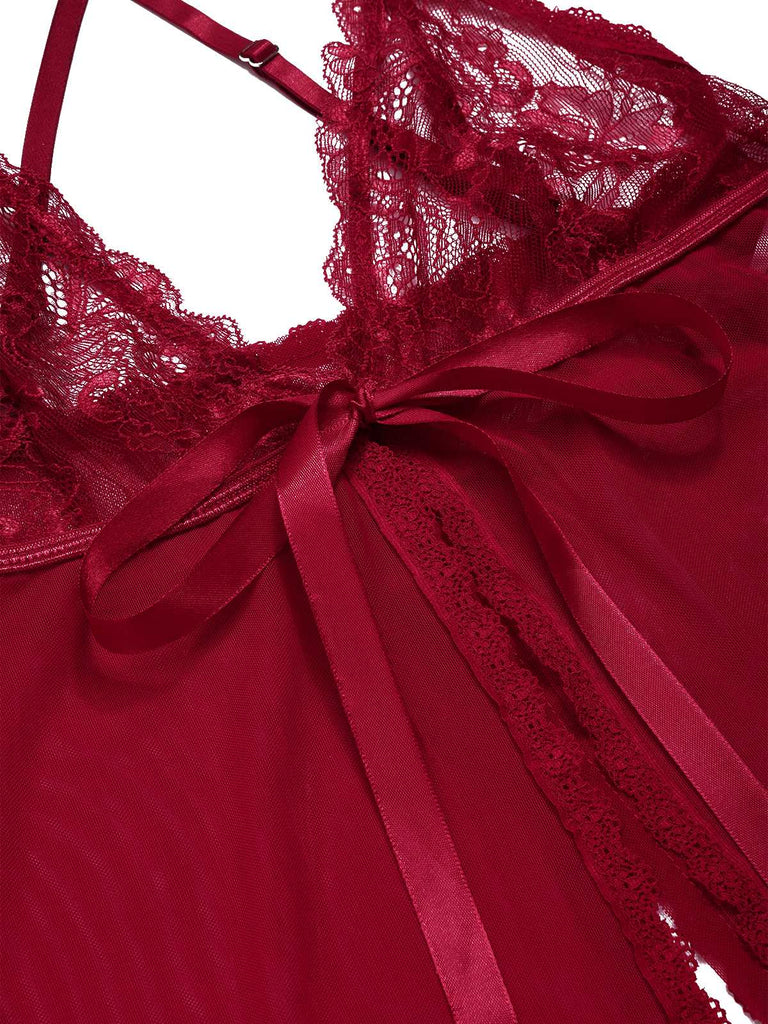 Red 1930s High Slit Lace Chiffon Nightgown