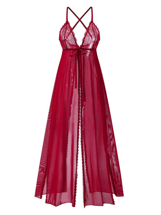 Red 1930s High Slit Lace Chiffon Nightgown