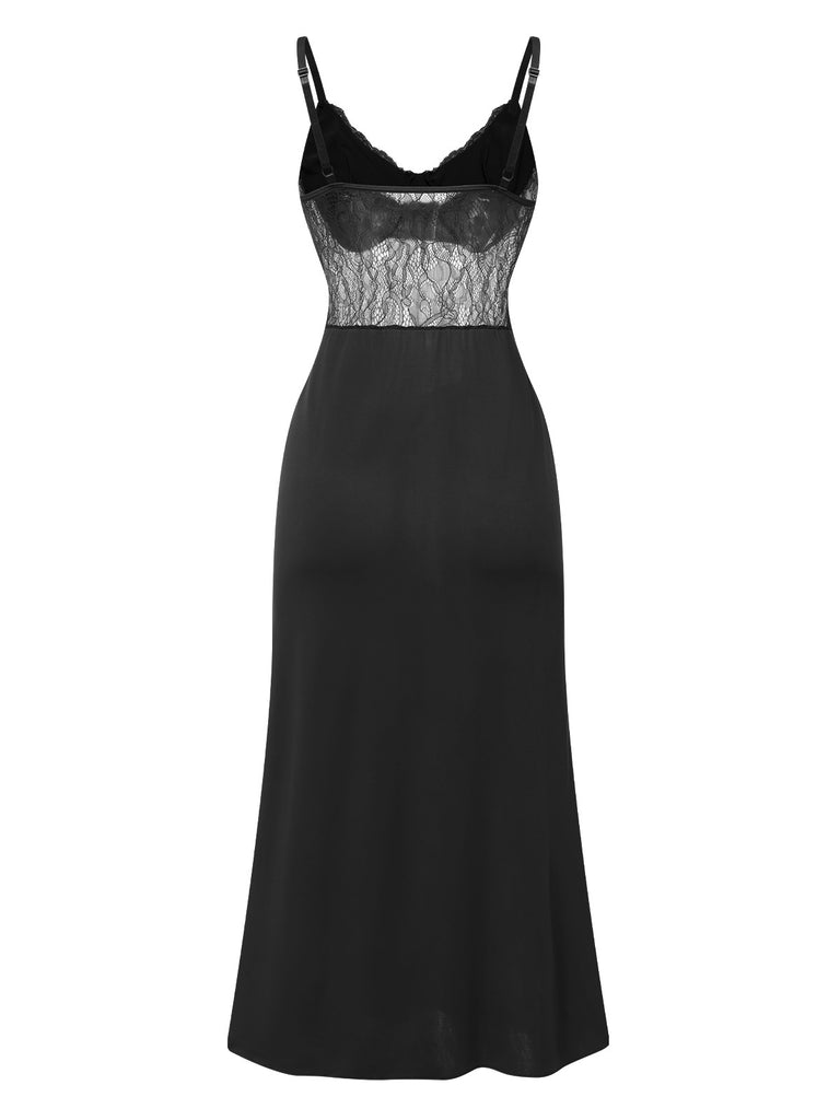 1930s Solid Spaghetti Strap Lace Chiffon Nightdress