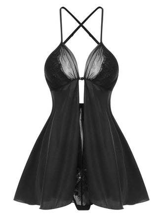 Black 1950s Mesh Patchwork Satin Cross Straps Nightgown
