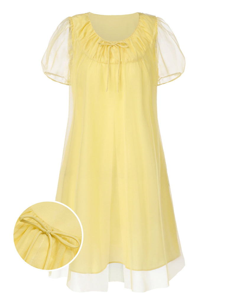 [Pre-Sale] Yellow 1950s Puff Bowknot Chiffon Babydoll Nightie