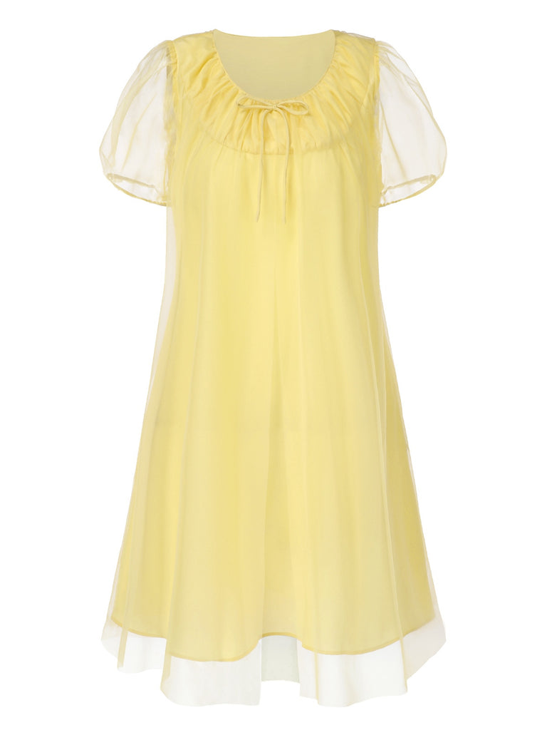 [Pre-Sale] Yellow 1950s Puff Bowknot Chiffon Babydoll Nightie