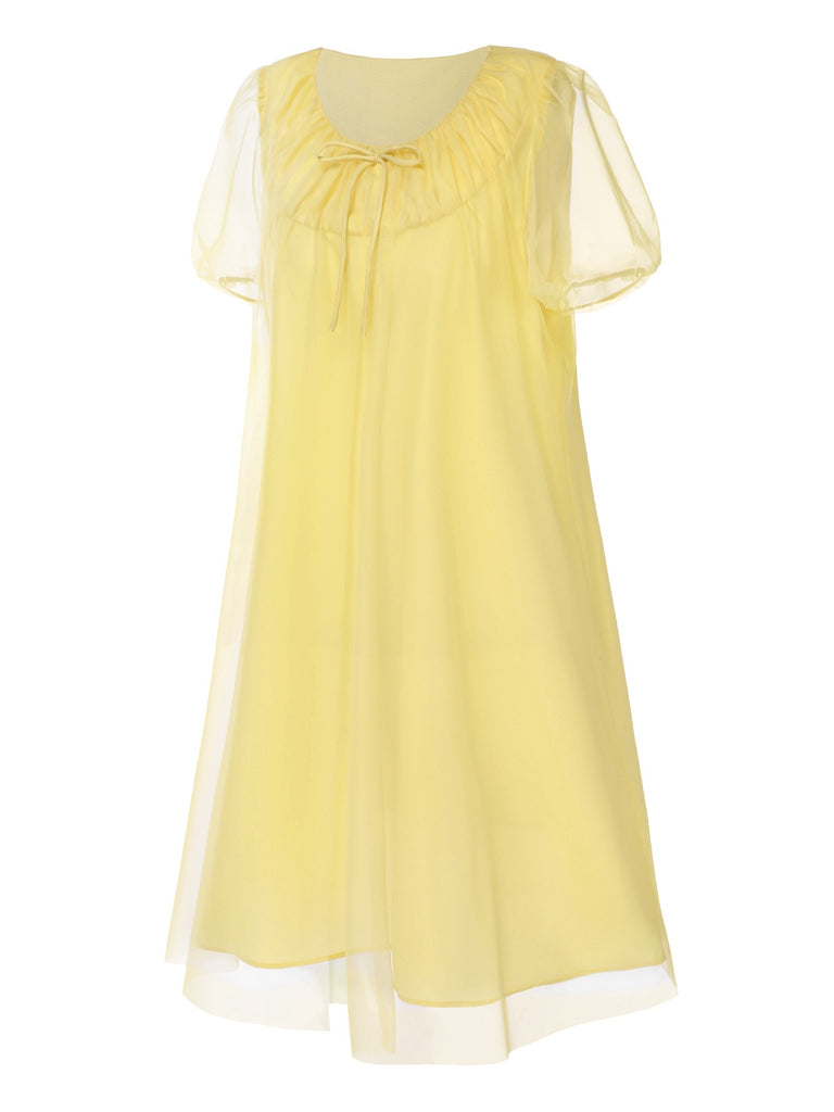 [Pre-Sale] Yellow 1950s Puff Bowknot Chiffon Babydoll Nightie