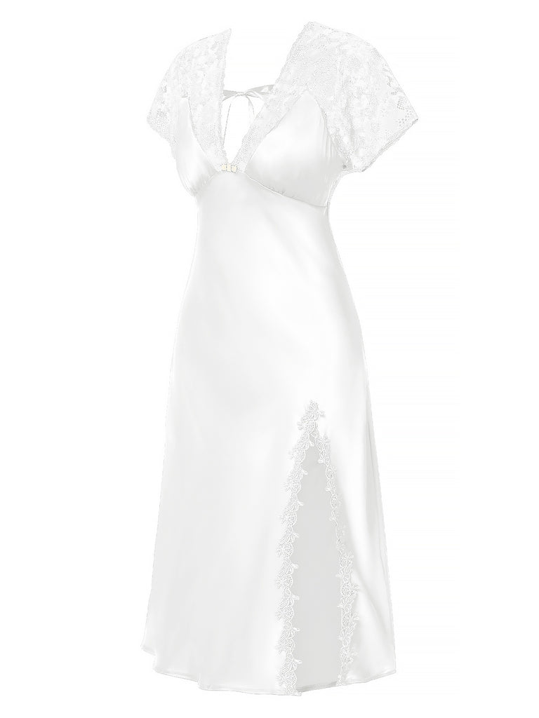 1960s Solid Lace Satin Patchwork V-neck Side-Slit Nightgown