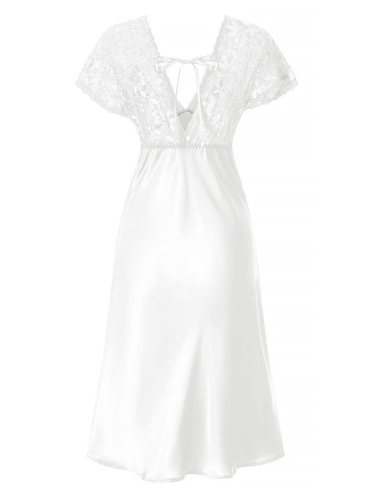 1960s Solid Lace Satin Patchwork V-neck Side-Slit Nightgown
