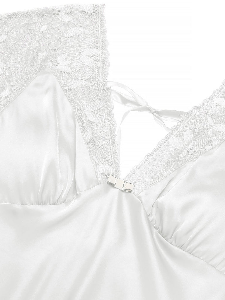 1960s Solid Lace Satin Patchwork V-neck Side-Slit Nightgown