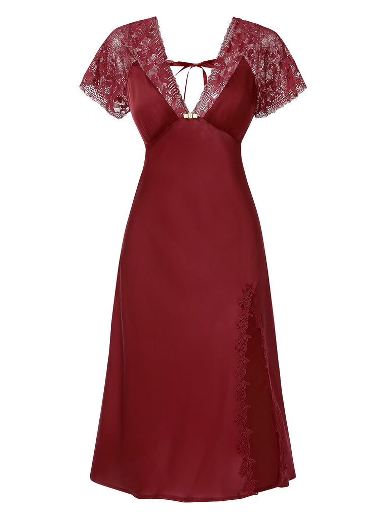 1960s Solid Lace Satin Patchwork V-neck Side-Slit Nightgown