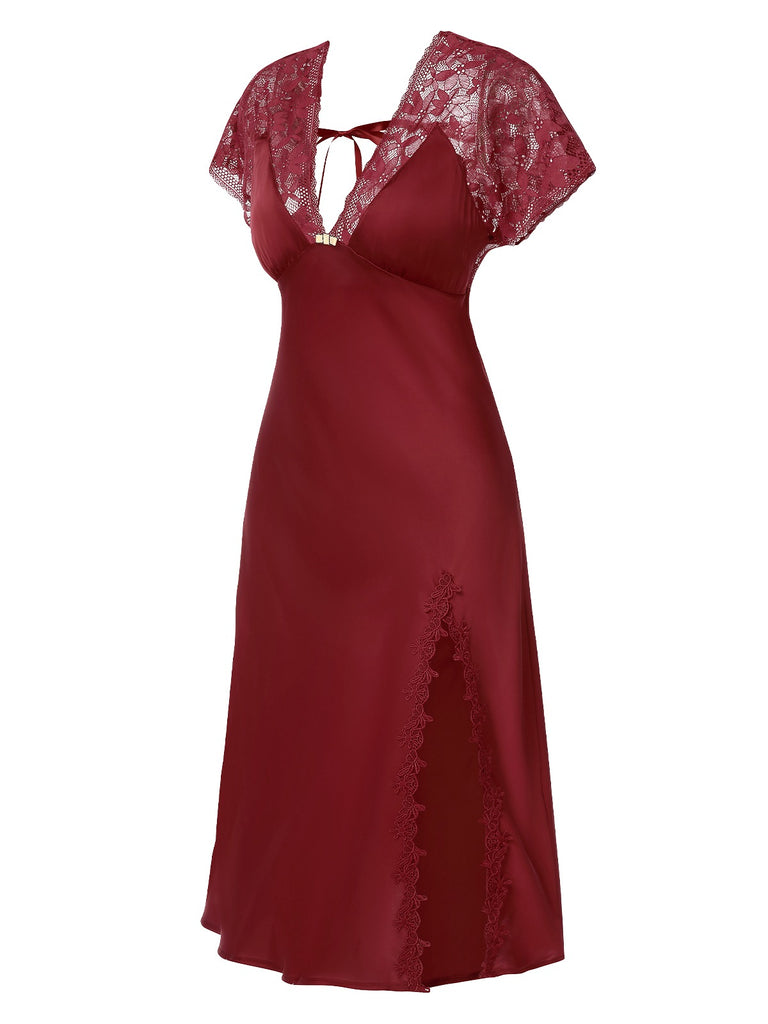 1960s Solid Lace Satin Patchwork V-neck Side-Slit Nightgown