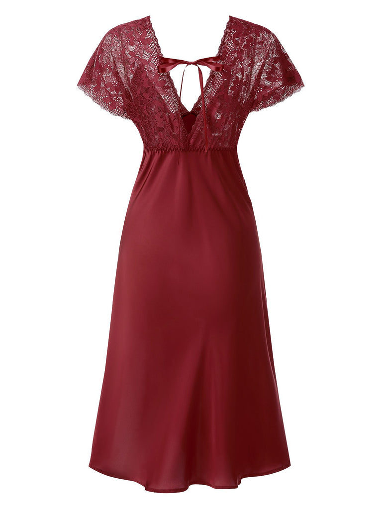1960s Solid Lace Satin Patchwork V-neck Side-Slit Nightgown