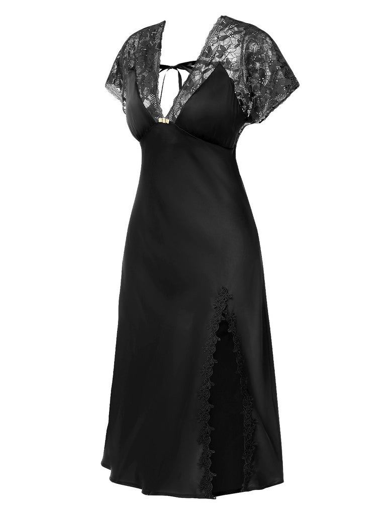 1960s Solid Lace Satin Patchwork V-neck Side-Slit Nightgown