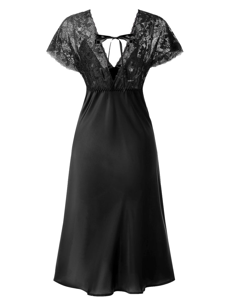 1960s Solid Lace Satin Patchwork V-neck Side-Slit Nightgown