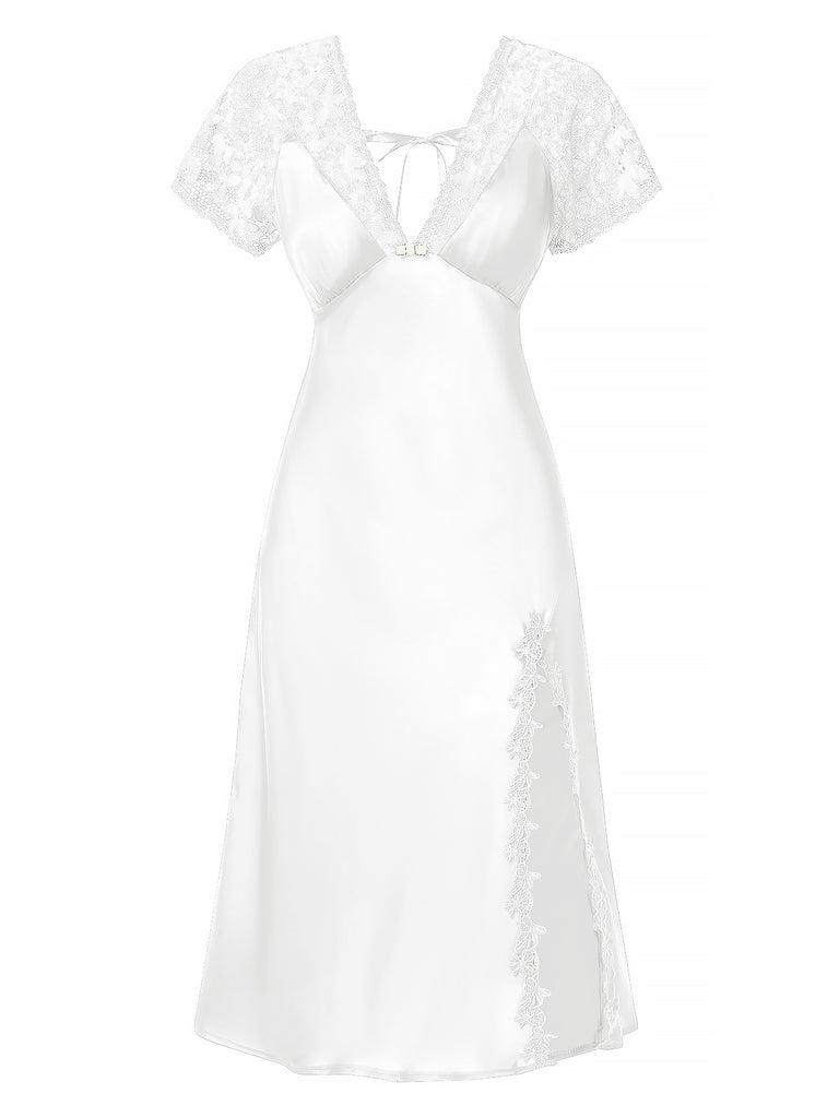 1960s Solid Lace Satin Patchwork V-neck Side-Slit Nightgown