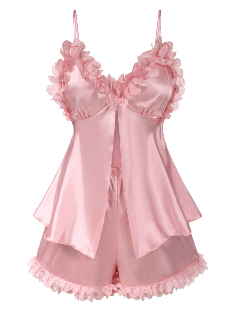 Pink 1950s Solid Satin V-Neck 3D Floral Pajama Set