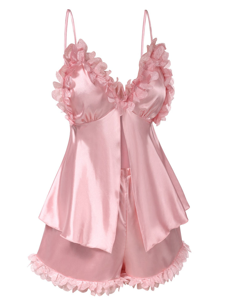 Pink 1950s Solid Satin V-Neck 3D Floral Pajama Set