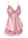 Pink 1950s Solid Satin V-Neck 3D Floral Pajama Set