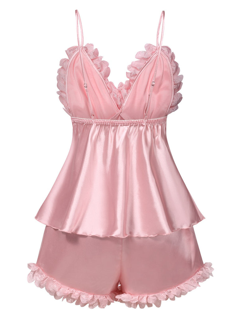 Pink 1950s Solid Satin V-Neck 3D Floral Pajama Set