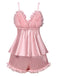 Pink 1950s Solid Satin V-Neck 3D Floral Pajama Set
