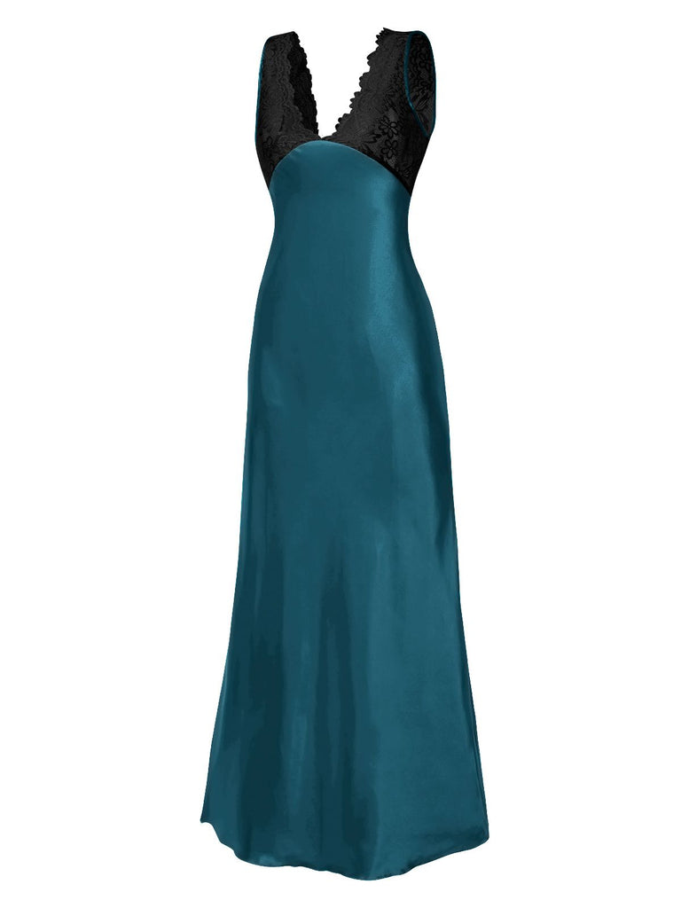 1930s Lace Hollow Satin Patchwork V-Neck Nightgown