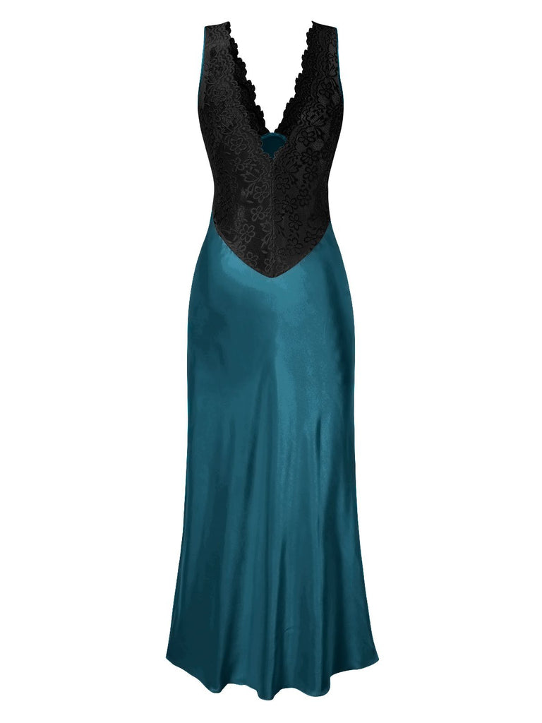 1930s Lace Hollow Satin Patchwork V-Neck Nightgown