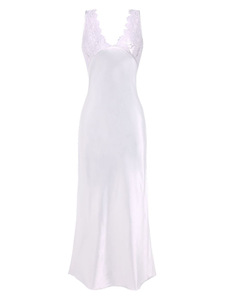 1930s Lace Hollow Satin Patchwork V-Neck Nightgown