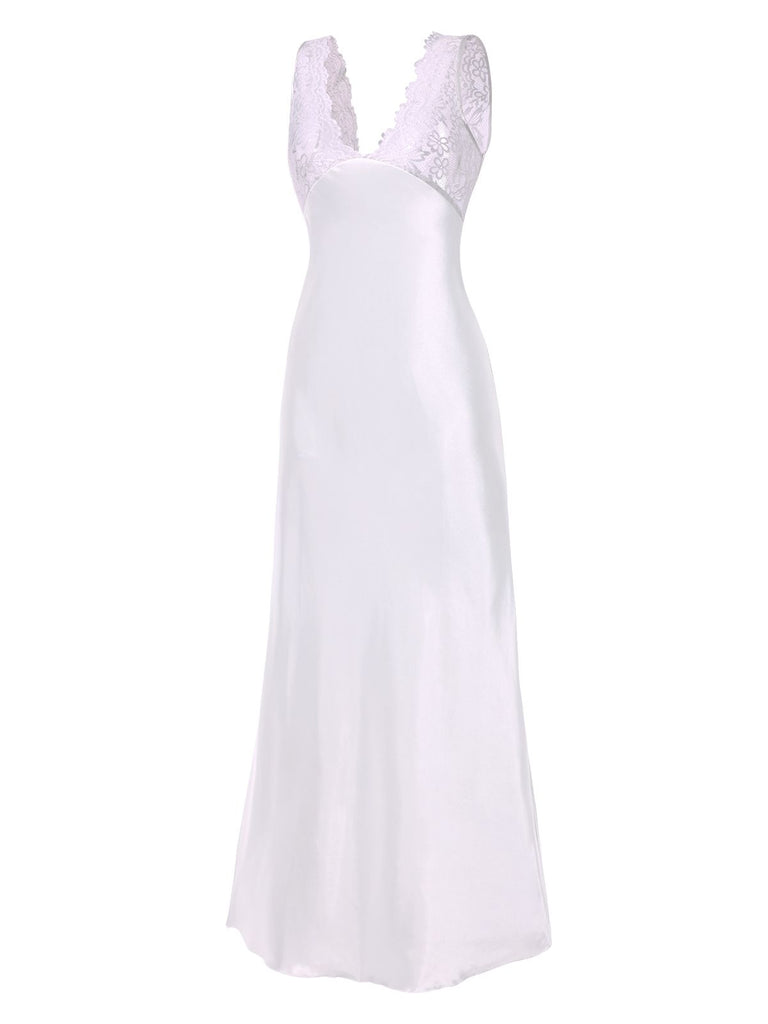1930s Lace Hollow Satin Patchwork V-Neck Nightgown