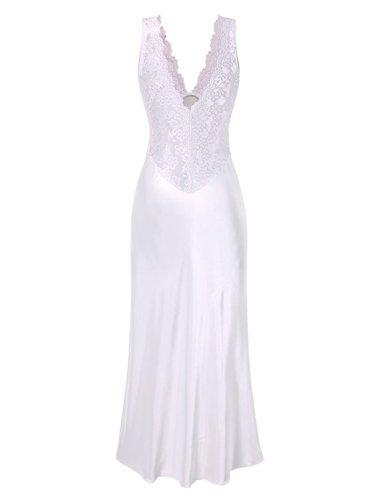 1930s Lace Hollow Satin Patchwork V-Neck Nightgown