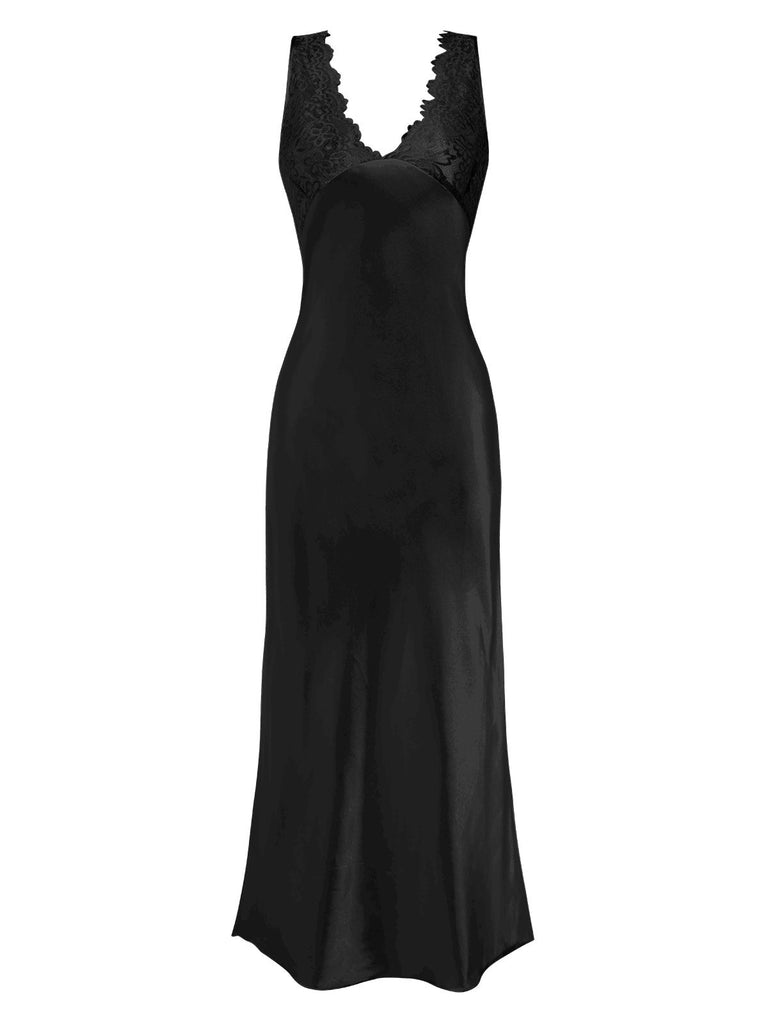 1930s Lace Hollow Satin Patchwork V-Neck Nightgown