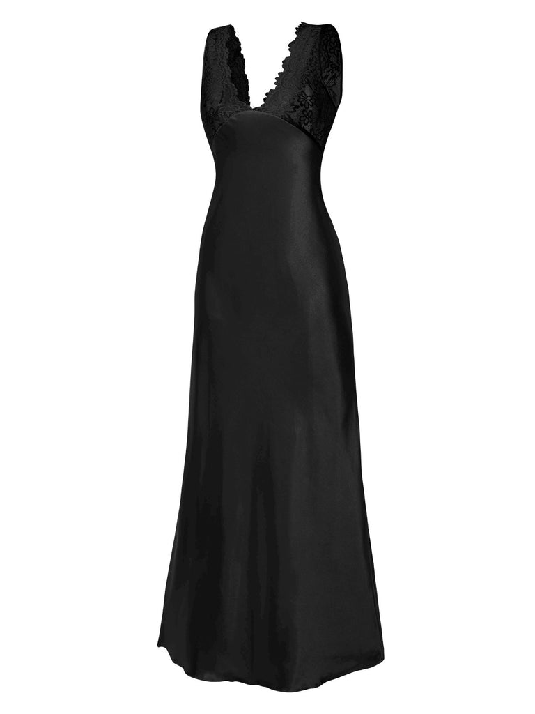 1930s Lace Hollow Satin Patchwork V-Neck Nightgown
