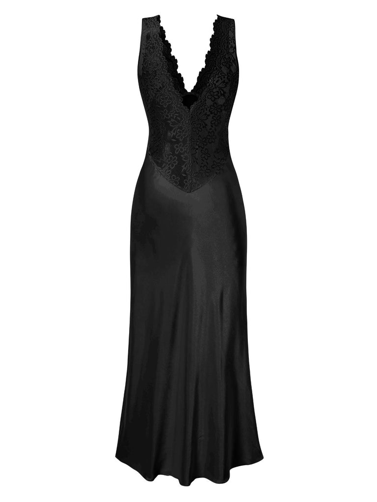 1930s Lace Hollow Satin Patchwork V-Neck Nightgown