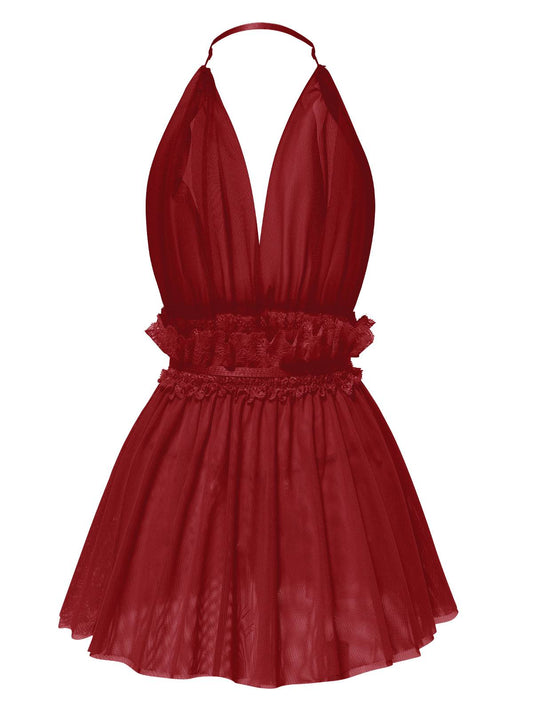 1950s Lace Mesh Deep V-Neck Halter Nightgown