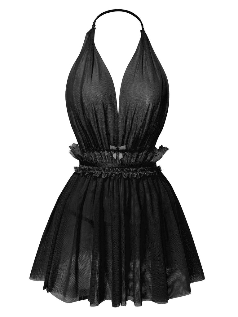 1950s Lace Mesh Deep V-Neck Halter Nightgown
