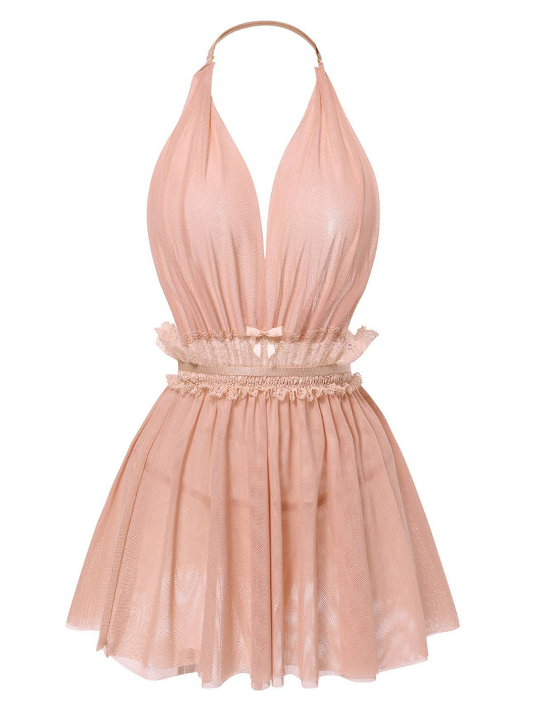 1950s Lace Mesh Deep V-Neck Halter Nightgown