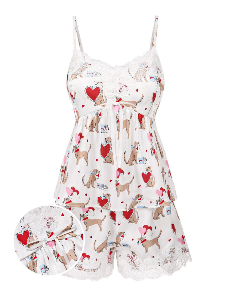 [Pre-Sale] White 1950s Hearts Dog Silky Straps Pajama Set