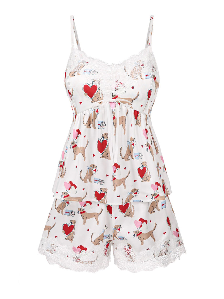 [Pre-Sale] White 1950s Hearts Dog Silky Straps Pajama Set