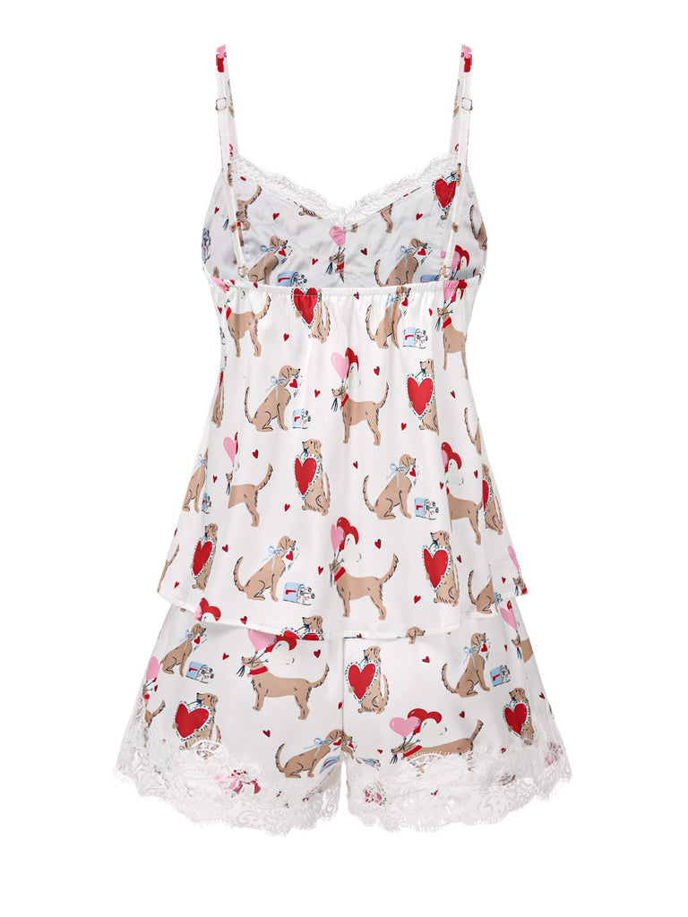 [Pre-Sale] White 1950s Hearts Dog Silky Straps Pajama Set