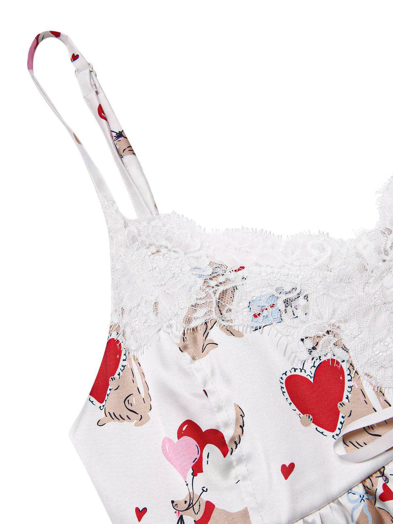 [Pre-Sale] White 1950s Hearts Dog Silky Straps Pajama Set