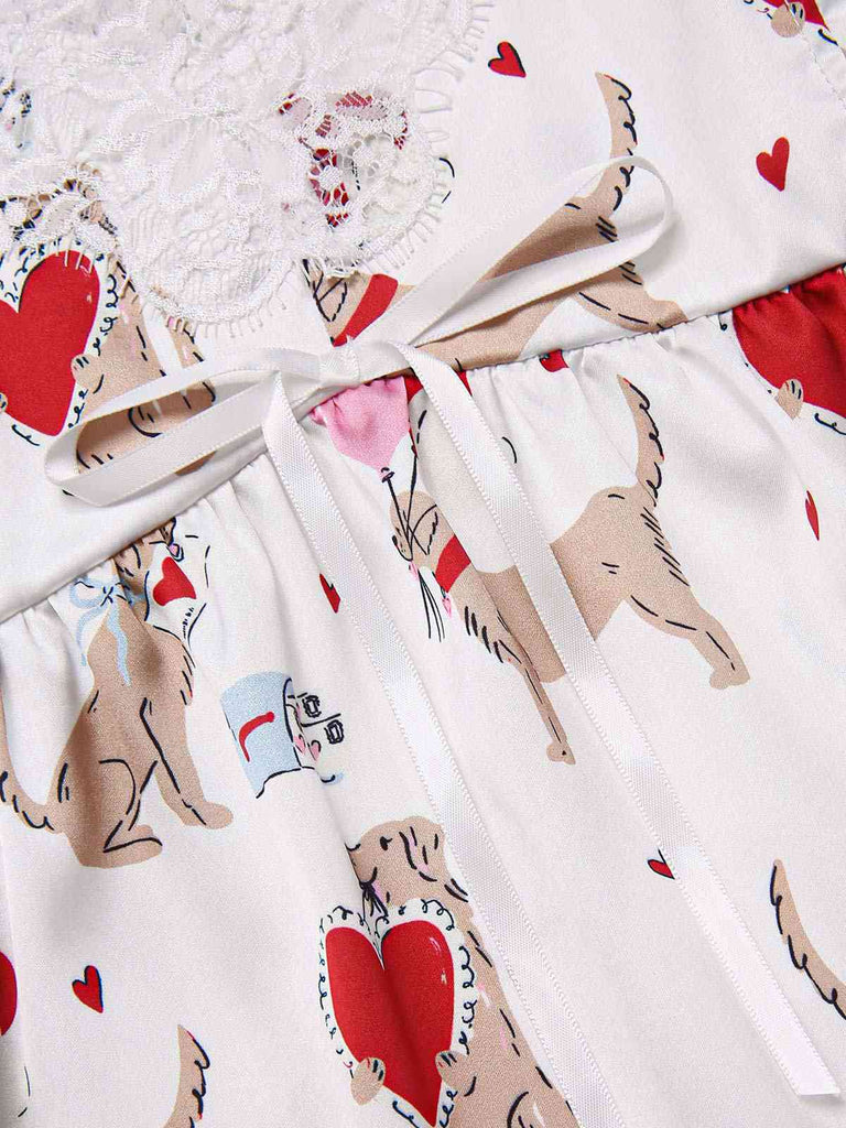 [Pre-Sale] White 1950s Hearts Dog Silky Straps Pajama Set