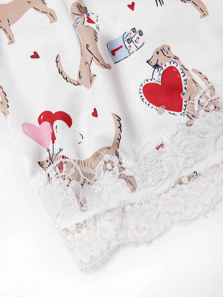 [Pre-Sale] White 1950s Hearts Dog Silky Straps Pajama Set
