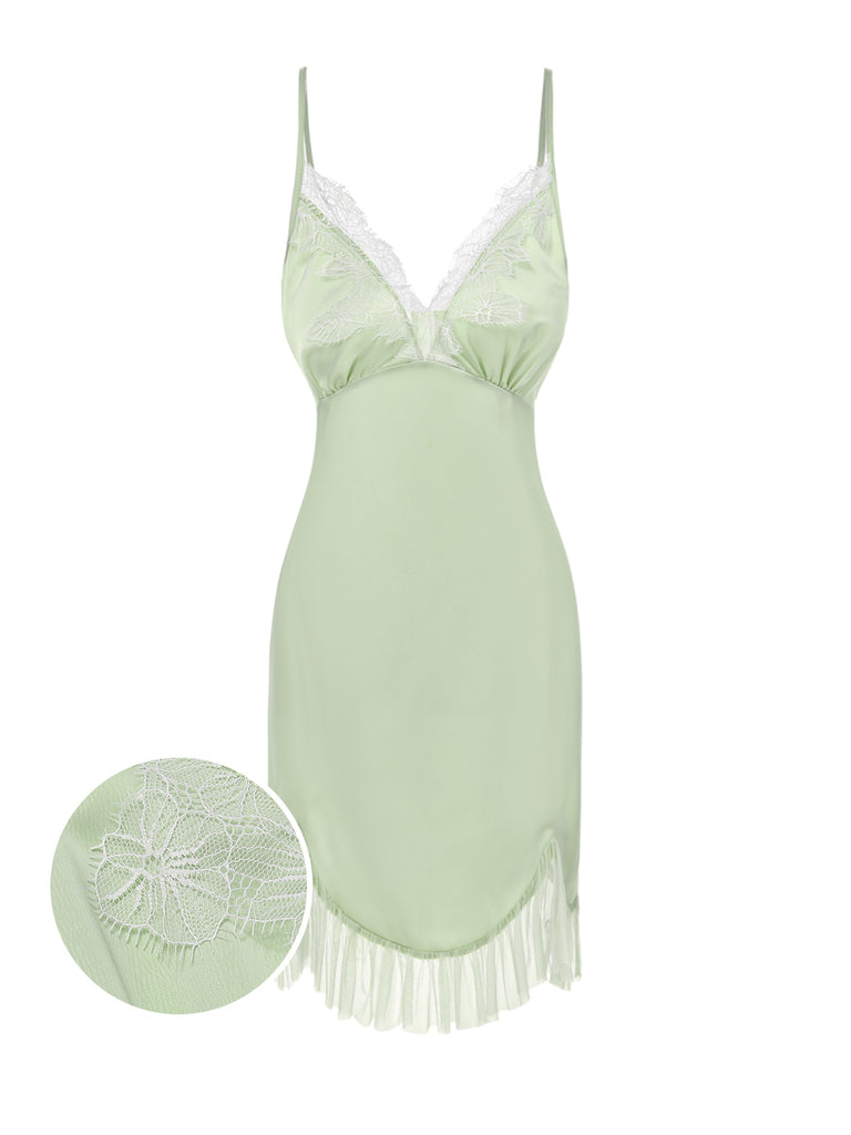 [Pre-Sale] Green 1960s Spaghetti Strap Ruffles Lace Nightgown