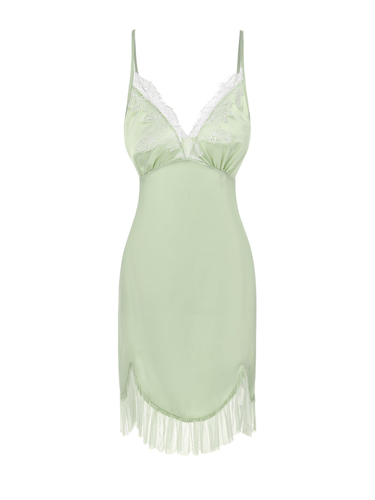 [Pre-Sale] Green 1960s Spaghetti Strap Ruffles Lace Nightgown