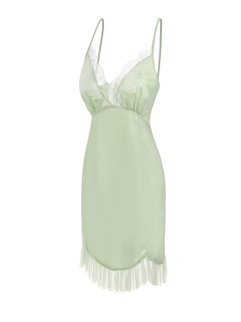 [Pre-Sale] Green 1960s Spaghetti Strap Ruffles Lace Nightgown