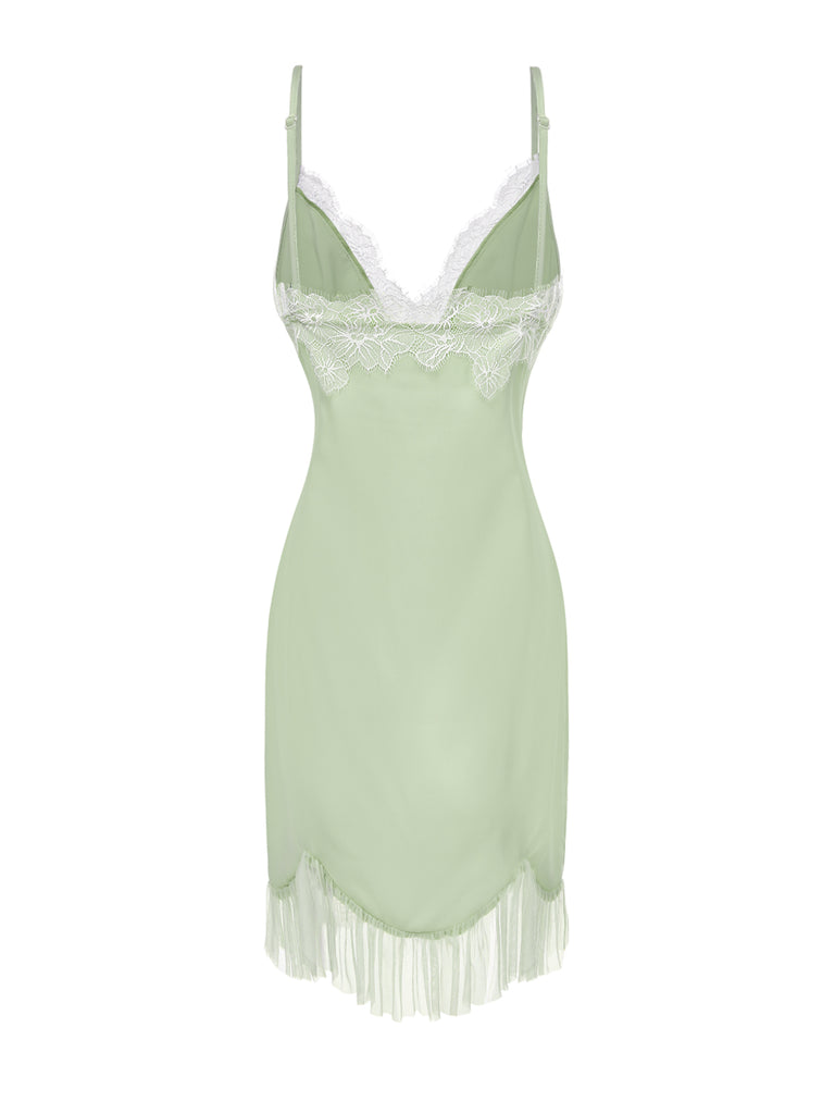 [Pre-Sale] Green 1960s Spaghetti Strap Ruffles Lace Nightgown