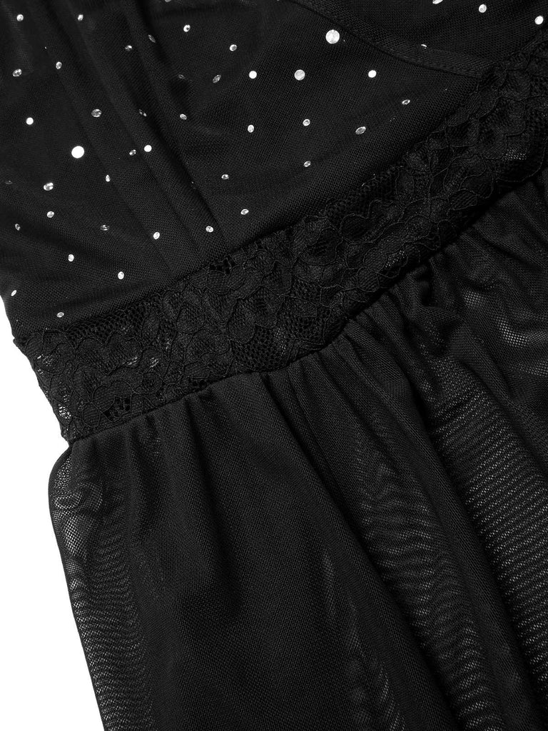 Black 1940s Sparkling Mesh Back Cross Straps Nightgown