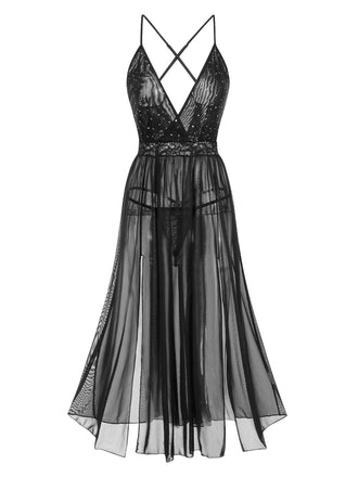 Black 1940s Sparkling Mesh Back Cross Straps Nightgown