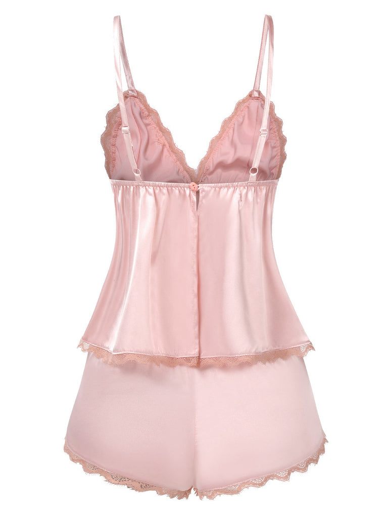 Pink 1950s Dots Lace Trim Satin Pajama Set