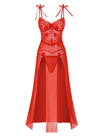 Red 1950s Spaghetti Strap Lace 3D Flower Nightgown