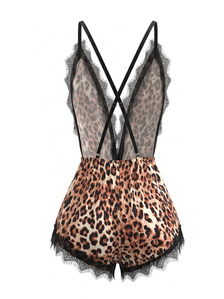 1950s Spaghetti Strap Leopard Lace Sleepwear